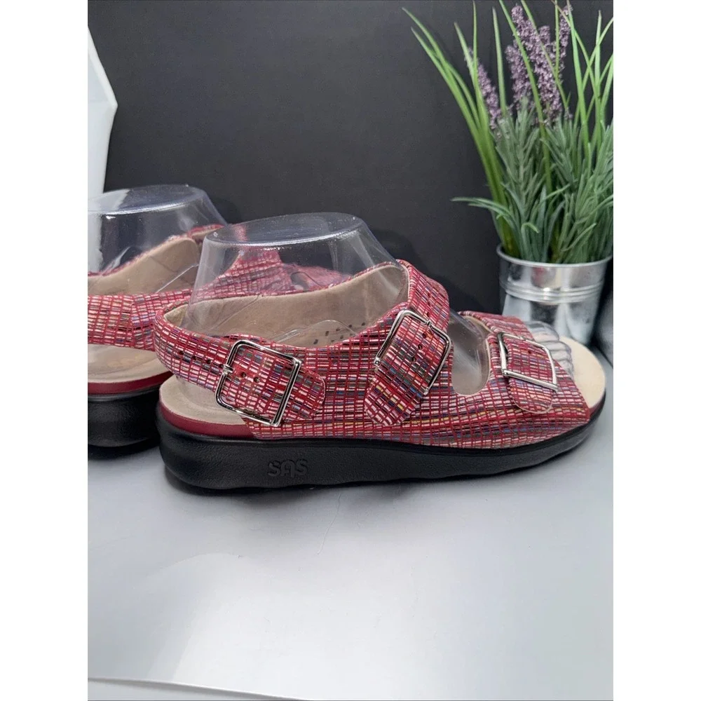 SAS Relaxed Rainbow Sandals Womens 7 Red Leather Open Toe Casual Slingback Strap